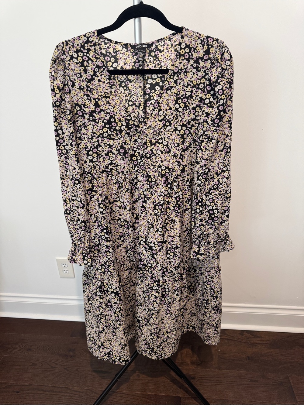 Monki Black Floral Long Sleeve Tiered Midi Dress